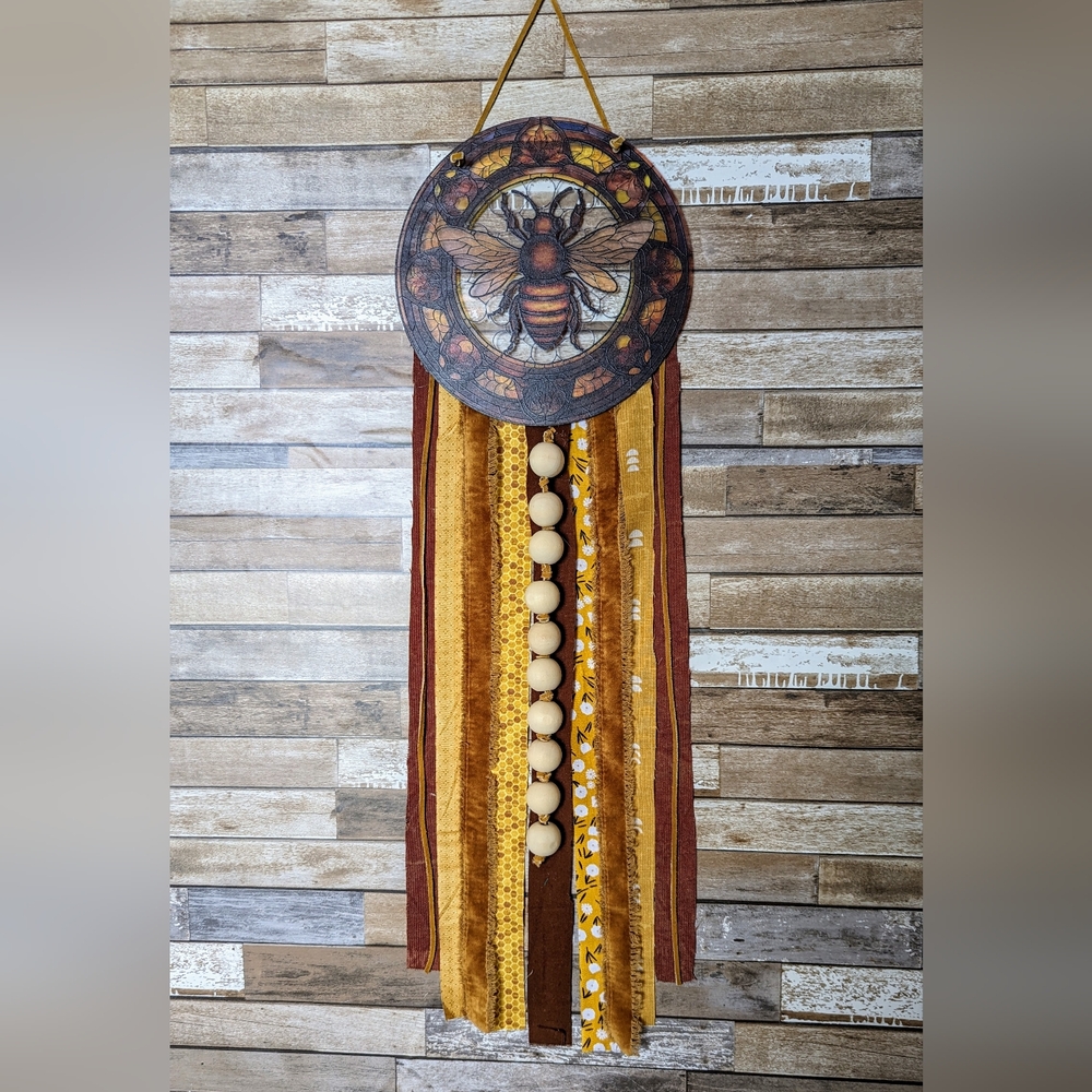 New Handcrafted Stained Glass Look Honey Bee With Mixed Fabric Wall Art